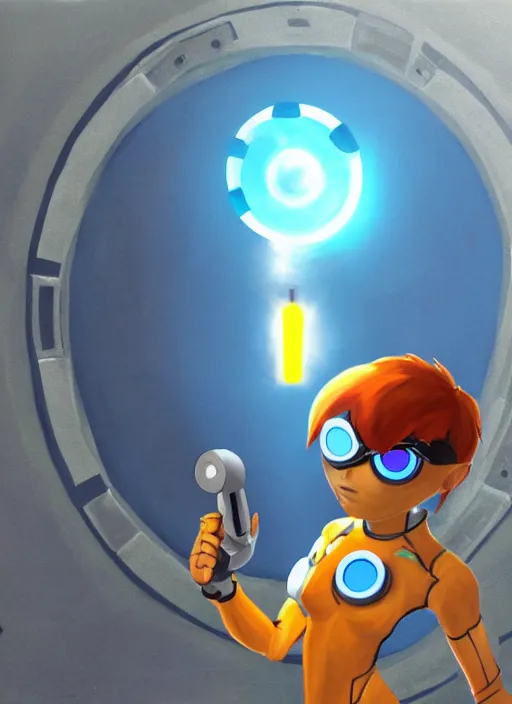 Image similar to full body oil painting of the character tracer holding a portal gun standing in a portal 2 test chamber, valve,