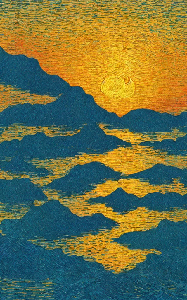 Image similar to sunset on a lake by a mountain. cubes and tesseracts. retro art by jean giraud and van gogh.