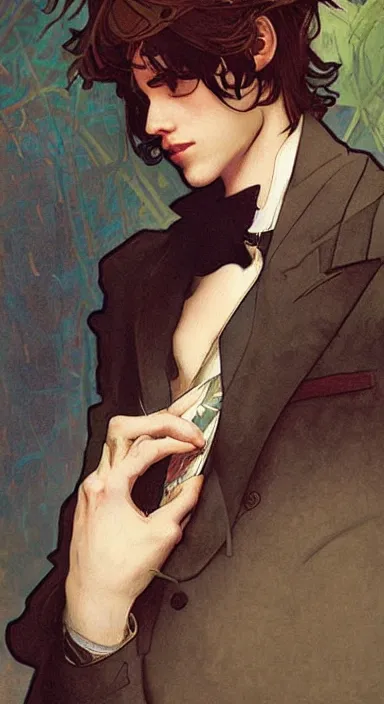 Prompt: Pretty catboy in his twenties wearing fancy clothes. Beautiful digital art by Greg Rutkowski and Alphonse Mucha