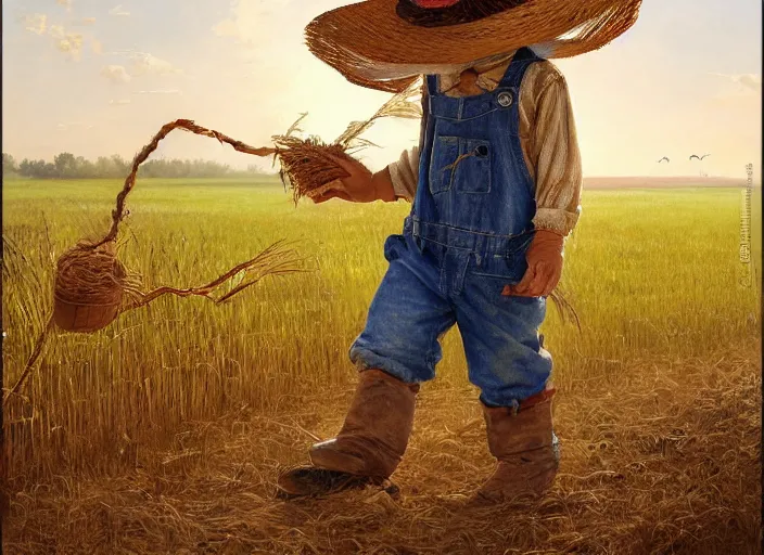 Prompt: a cute short and wide scarecrow with straw for hair and with a straw hat in overalls walking on a dirt road next to a large tall corn field, by tom lovell, ross tran, terry redlin, jean baptiste monge, greg rutkowski, painterly