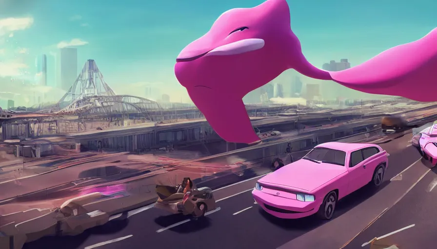 Image similar to a giant pink whale falling out of a blue sky onto cars on a busy bridge, cinematic lighting, artstation, establishing shot, wow