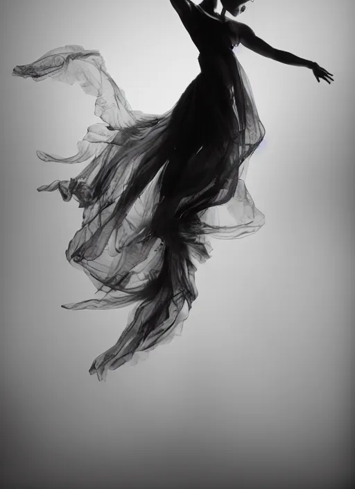 Image similar to a Photorealistic dramatic hyperrealistic render of a glamorous beautiful Female smoke dancer by Ken Brower and Deborah Ory of NYC Dance project,Lois Greenfield,Flowing cloth and smoke,Beautiful dynamic dramatic dark moody lighting,volumetric,shadows,cinematic atmosphere,Octane render,8K