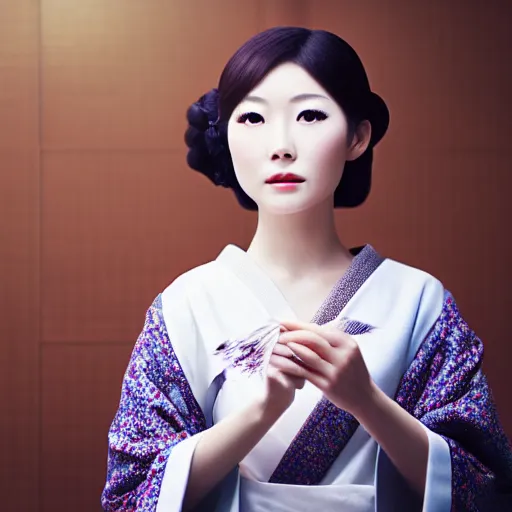 Prompt: photo portrait of beautiful Japanese women with perfect eyes and simetrical face, she have delicate traditional make up, holding a feather cinematic light, 8k,, akira kurosawa style