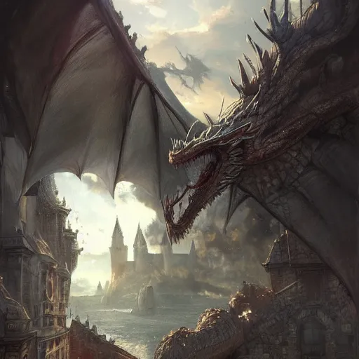 Prompt: a dragon attacking a castle, city background, dramatic light, gorgeous view, depth, high detail, digital art, painted by greg rutkowski, trending on artstation