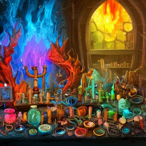 Prompt: these monsters are consumed by fire, yet they remain unharmed. they are surrounded by the tools of the alchemist's trade - beakers and test tubes full of colorful liquids, crystals, and books of ancient knowledge. the scene is suffused with an eerie glow, as if something magical is happening here. cinematic photorealistic