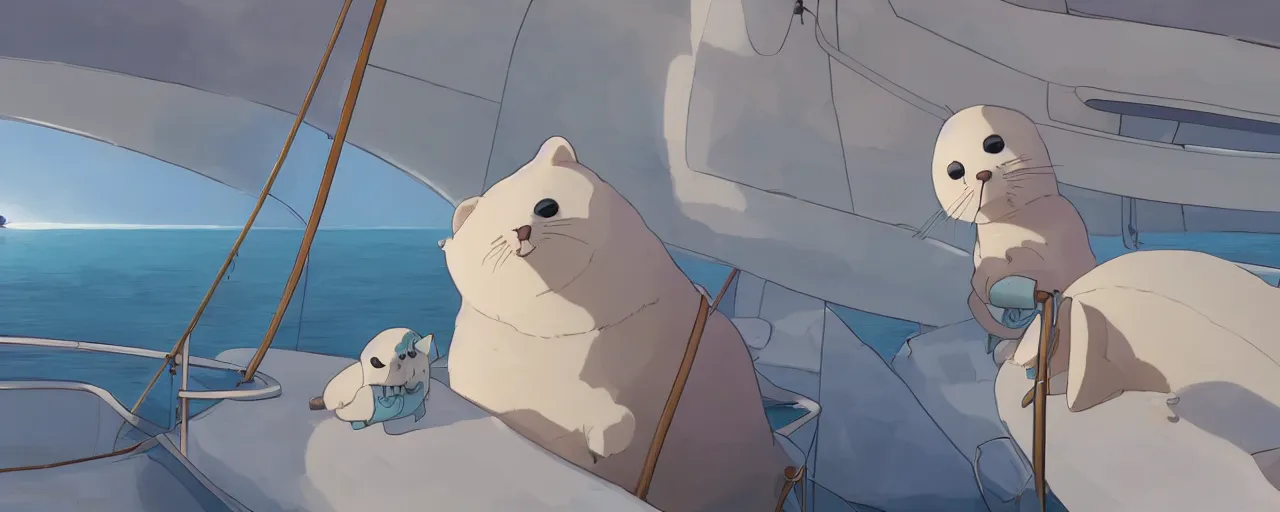 Image similar to baby harp seal on a mega yacht, detailed, atey ghailan, goro fujita, studio ghibli, rim light, exquisite lighting, clear focus, very coherent,