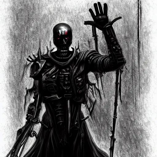 Image similar to full-body dark creepy gothic realistic drawing central composition a decapitated soldier with futuristic elements. he welcomes you under with no head, empty helmet inside is occult mystical symbolism headless full-length view. standing on ancient altar eldritch energies disturbing frightening, hyper realism, 8k, sharpened depth of field, 3D