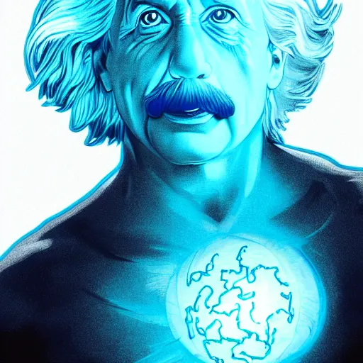 Prompt: upper body higly detailed illustration of albert einstein as dr. manhattan from watchmen by mark bagley, ilvya kuvshinov, rossdraws, pixar, engine, matte painting, on stylized background, artstation, masterpiece