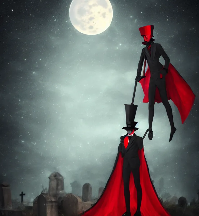 Image similar to a mysterious man in a cemetery on a full moon night wearing a top hat that hides!! his face and a beautiful black and red cape while holding a poseidon trident, digital art. digital painting, moonlight, detailed.