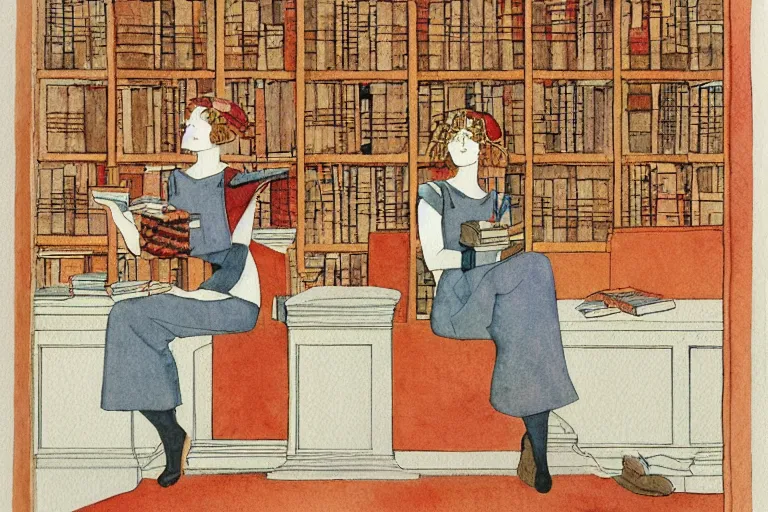 Image similar to woman wearing overalls in a bookstore warm colors simple geometric watercolor painting moebius george barbier