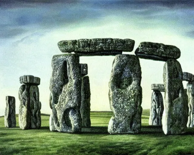 Prompt: surreal objects and actions. painting of Stonehenge by Salvador Dali. several layers of perspective. Manifestations of the subconscious. Cryptic symbolism. Many points of view. mind bending illusions of perception