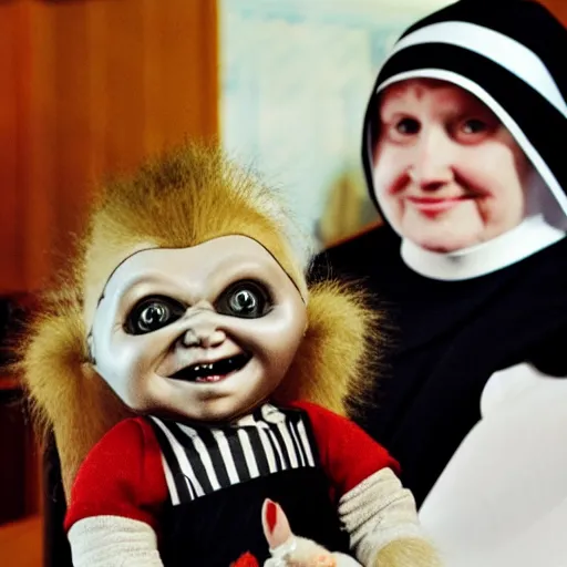 Image similar to a nun in church holding chucky the killer doll on her lap