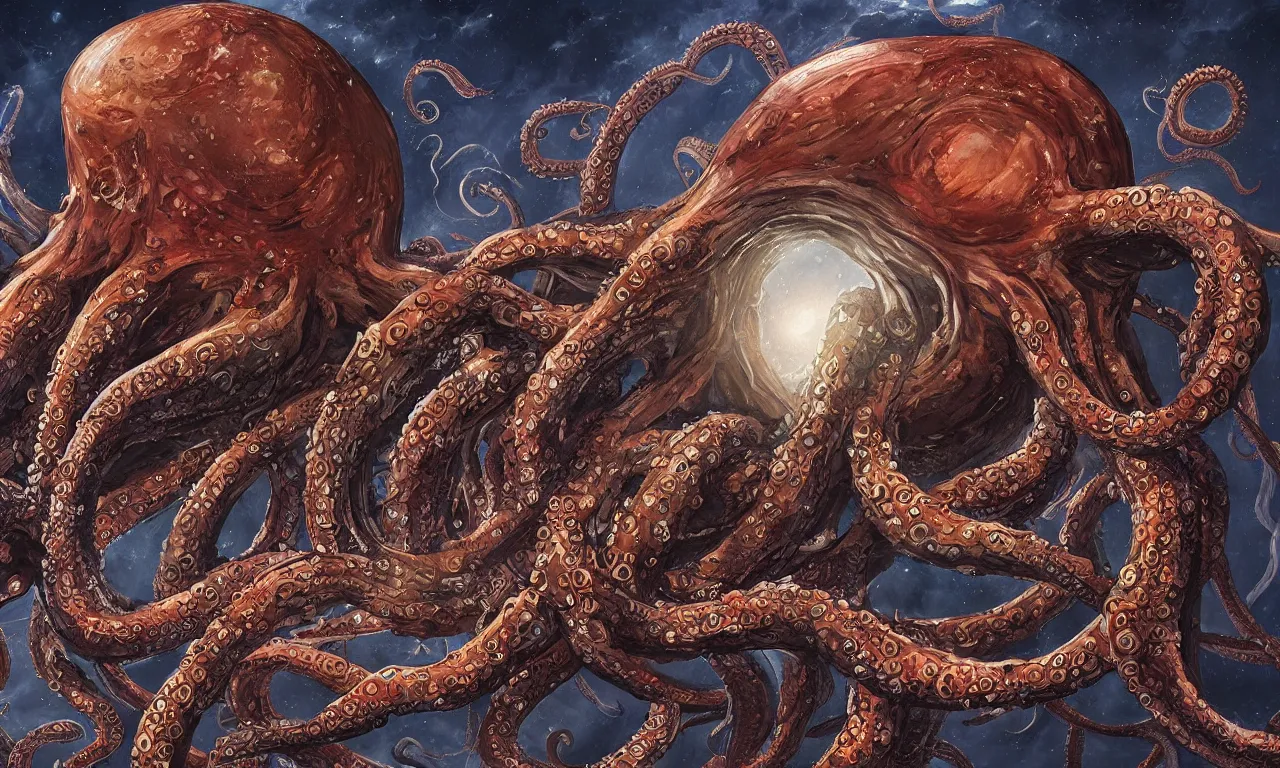 Prompt: a giant octopus holding planets on each of its tentacles, concept art, cosmic horror, digital painting, oil painting, trending on artstation, 8k, dramatic composition, intricate details, sharp focus