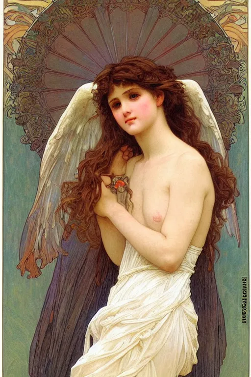 Image similar to portrait of a beautiful angel, intricate, elegant, hyperdetailed by alphonse mucha and william - adolphe bouguereau and john william waterhouse