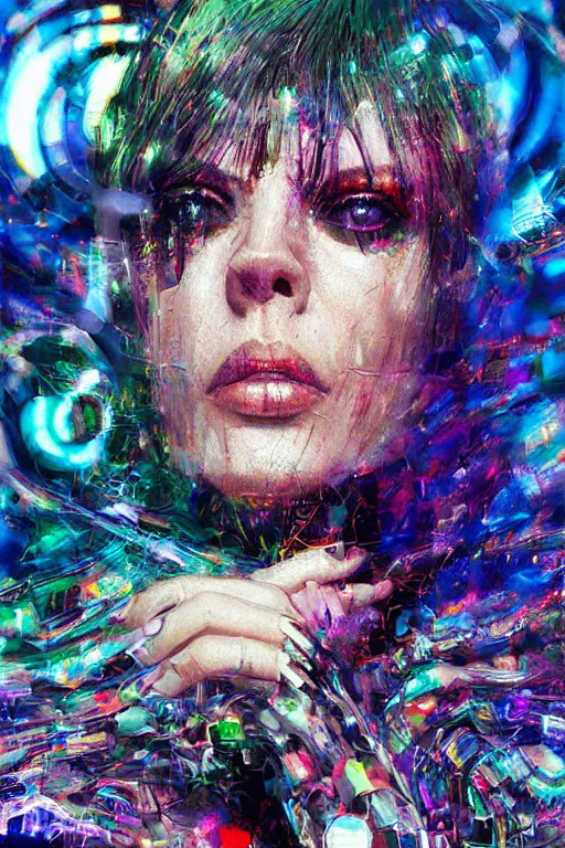 Prompt: portrait, headshot, digital painting, an delightfully mad techno - shaman lady, wink, synthwave, swirly bokeh, glitch, refraction, fracture, realistic, hyperdetailed, chiaroscuro, concept art, art by john berkey