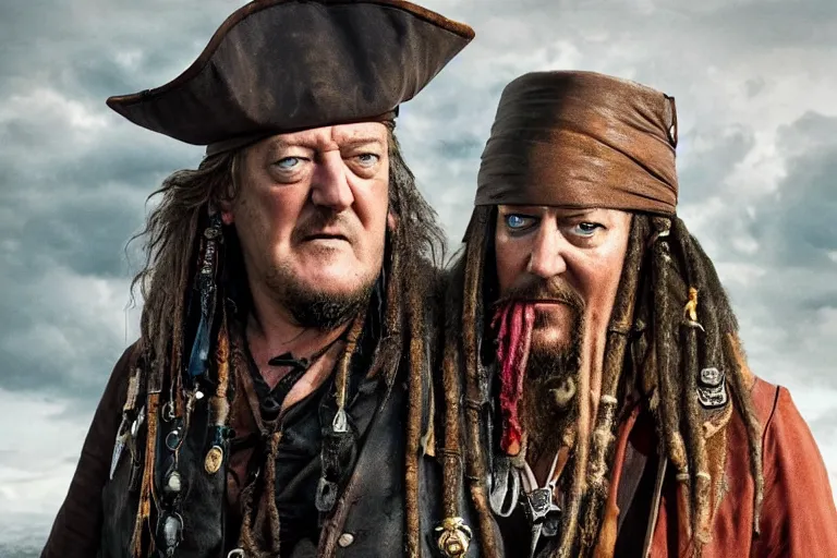 Image similar to promotional image of stephen fry as a gritty pirate captain in the new Pirate of the Carribean movie, dark stormy weather, detailed face, movie still frame, promotional image, imax 70 mm footage