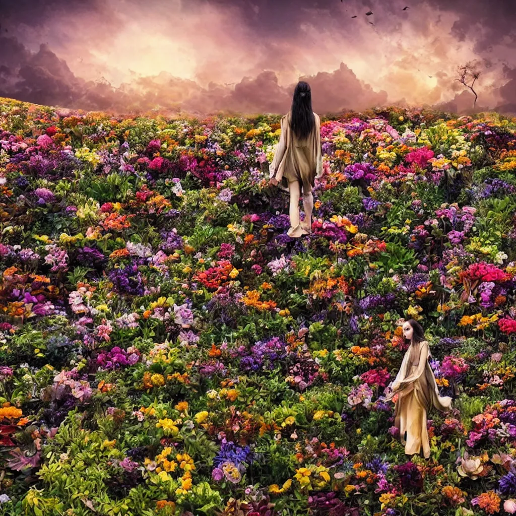 Image similar to a planet of various flowers, fungus and plants, in which the human figure is dressed in something magical and impressive, inside the picture is infinity, sunset light, Atmospheric phenomenon, artistic photography, muted colors, conceptual, long exposure outside the city