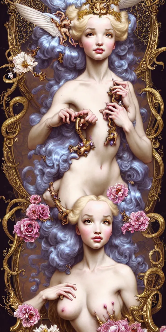 Image similar to beautiful dove cameron baroque rococo fantasy character portrait, ultra realistic, intricate details, the fifth element artifacts, highly detailed by peter mohrbacher, hajime sorayama, wayne barlowe, boris vallejo, aaron horkey, gaston bussiere, craig mullins alphonse mucha, rococo curves swirls and spirals, flowers pearls beads crystals jewelry goldchains scattered