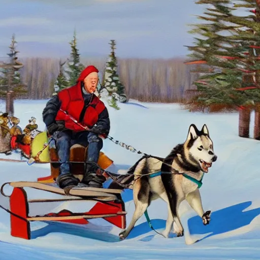 Image similar to Painting of a sled with a man on it being towed by huskies in the style of Ted Harrison, 8K