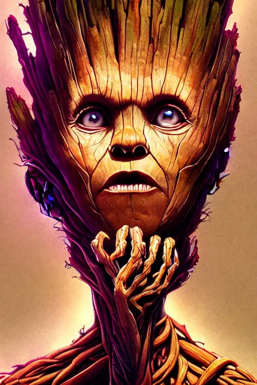 Image similar to a portrait of groot from guardians of the galaxy, fantasy, sharp focus, intricate, elegant, digital painting, artstation, matte, highly detailed, concept art, illustration, ambient lighting, art by ilya kuvshinov, artgerm, alphonse mucha, and greg rutkowski