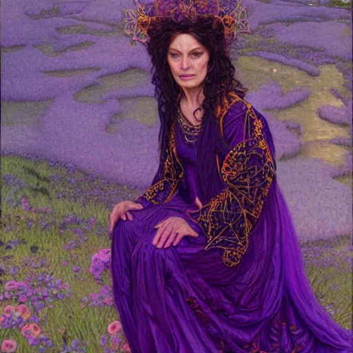 Prompt: portrait of a purple witch with golden embroidery, by donato giancola.