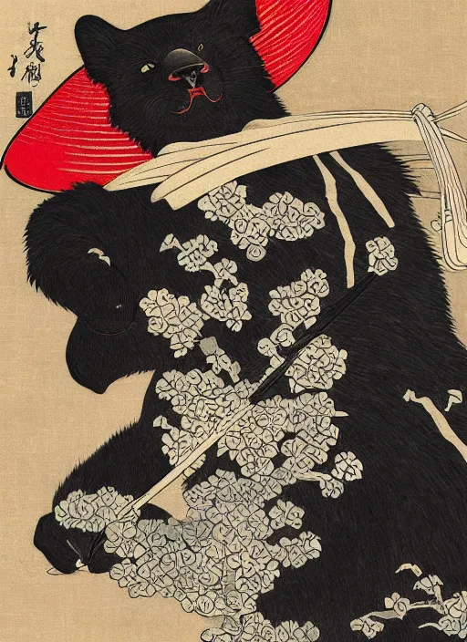 Prompt: ukiyo-e print of samurai Asian black bear and a cat, intricate, elegant, highly detailed, digital painting, artstation, concept art, smooth, sharp focus, illustration, art by Andō Hiroshige