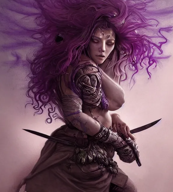 Image similar to beautiful female stabber stabbing soldier with knife, perfect face, intricate tattoos, purple flowing hair, crazy eyes, spraying blood, cinematic, blush, stunning, athletic, moist, strong, agile, highly detailed, hard focus, sensual lighting, art by jessica rossier and brian froud