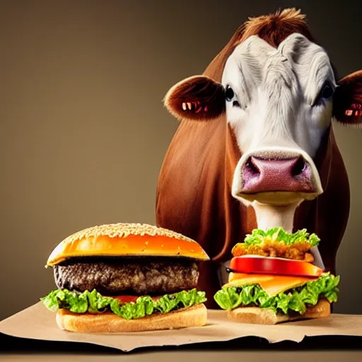 Image similar to a cow very happy about eating a cheese burger, highly detailed, photorealistic portrait, bright studio setting, studio lighting, crisp quality and light reflections