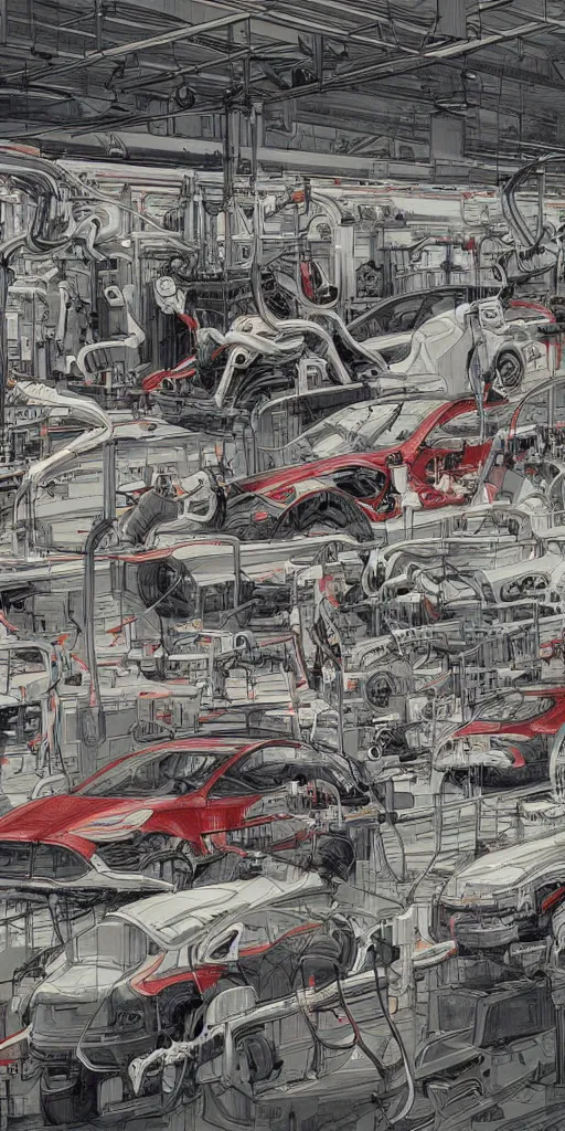 Image similar to oil painting scene from tesla factory by kim jung gi