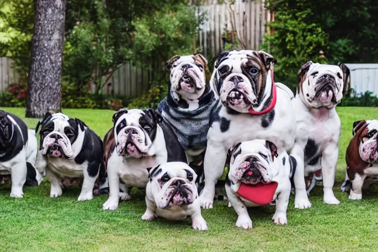 Image similar to a backyard full of bulldogs that are facing directly into the camera