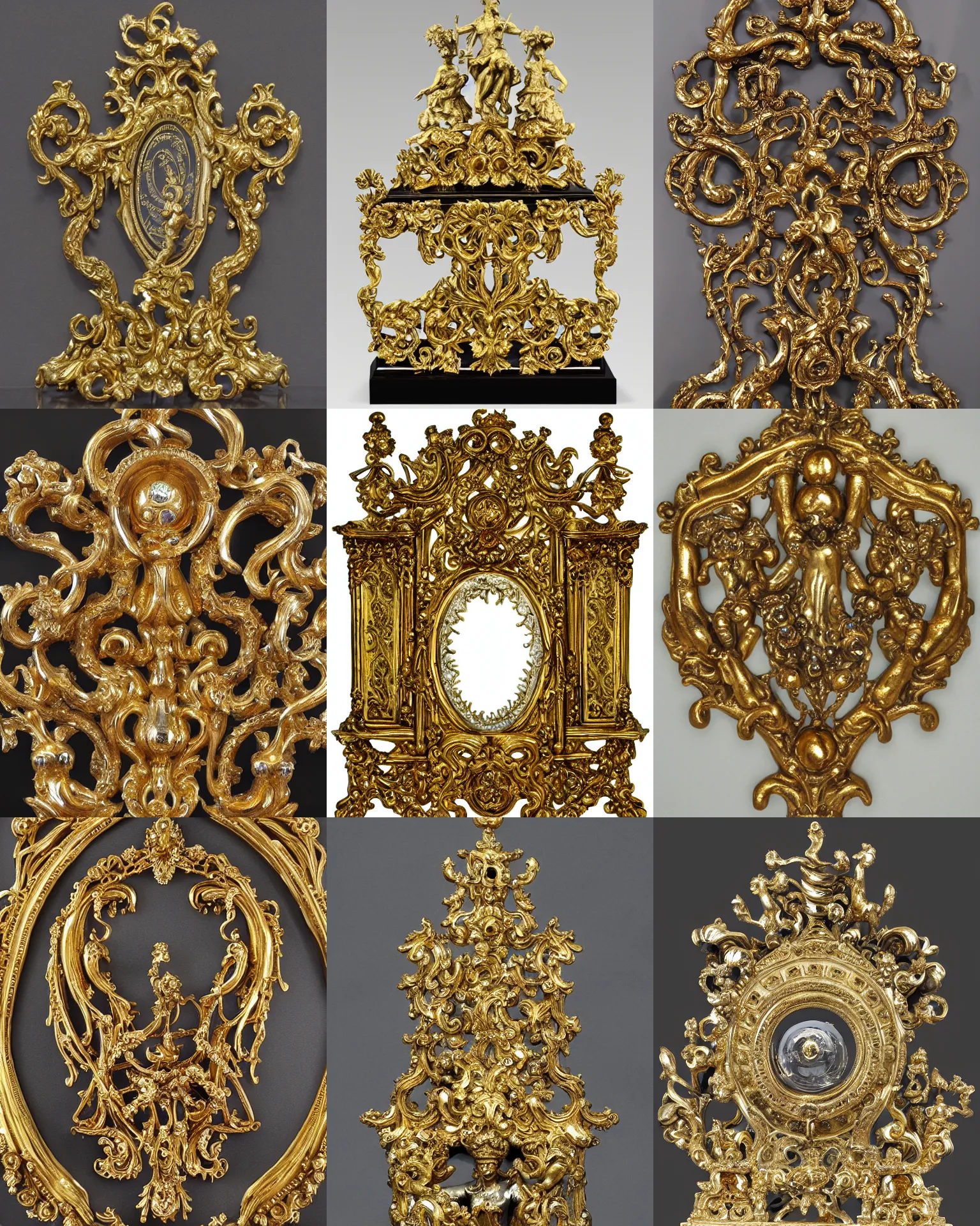 Prompt: award statue, rococo design, baroque, highly intricate, greeble, gold, jewels, shiny, iridescent