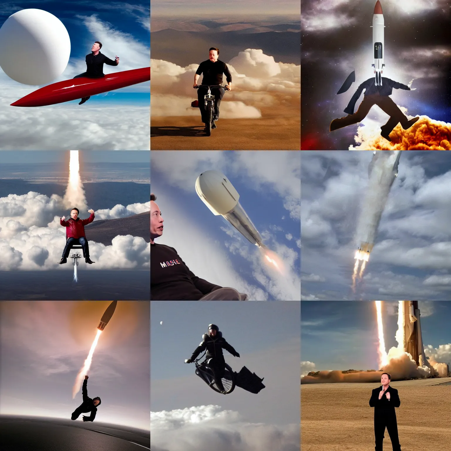 Prompt: elon musk riding a rocket through the clouds side saddle