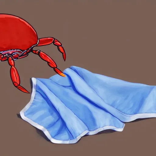 Image similar to crab holding a napkin in its claw, a nightgown and slippers lying on the ground next to it, digital art