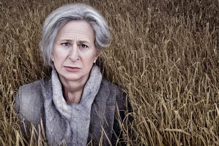 Prompt: a cinematic!!!! headshot portrait!!!! of a frozen middle aged woman stood in a field,!!! field on fire!!!, ultra realistic, depth, beautiful lighting, by!! annie leibovitz!!, by!! mattias adolfsson!!