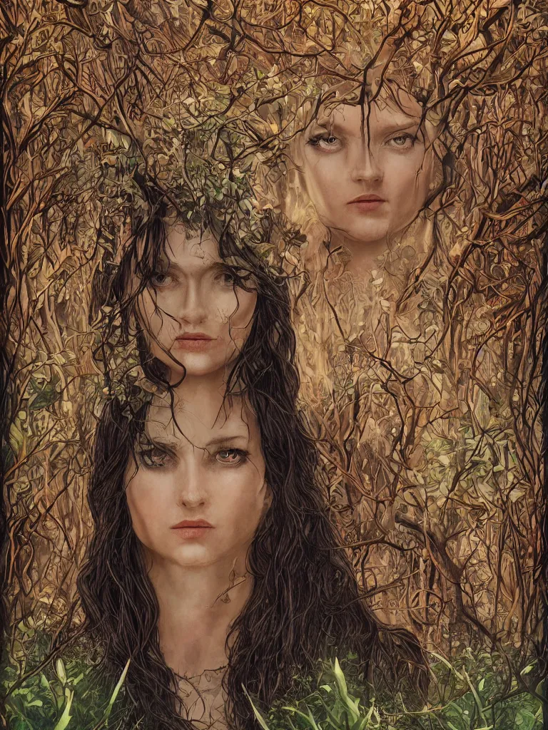 Prompt: lady of the forest, tarot, trending on artstation, striking eyes, symmetrical, 8k, incredible detail