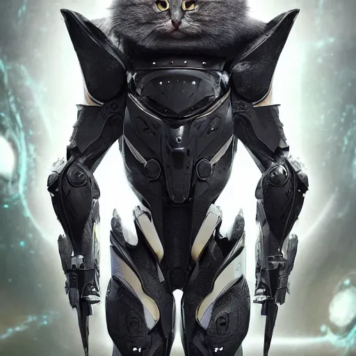 Image similar to humanoid with cat-like features in futuristic space armor with force fields, yellow eyes, teeth that protrude past the lower lip and fine grayish fur on their faces and backs of their hands and carrying weapons, octane,