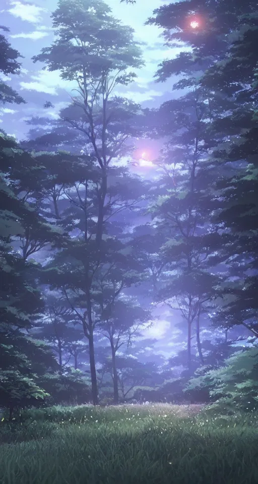 Image similar to fireflies in the forest by makoto shinkai, animation background, finely detailed