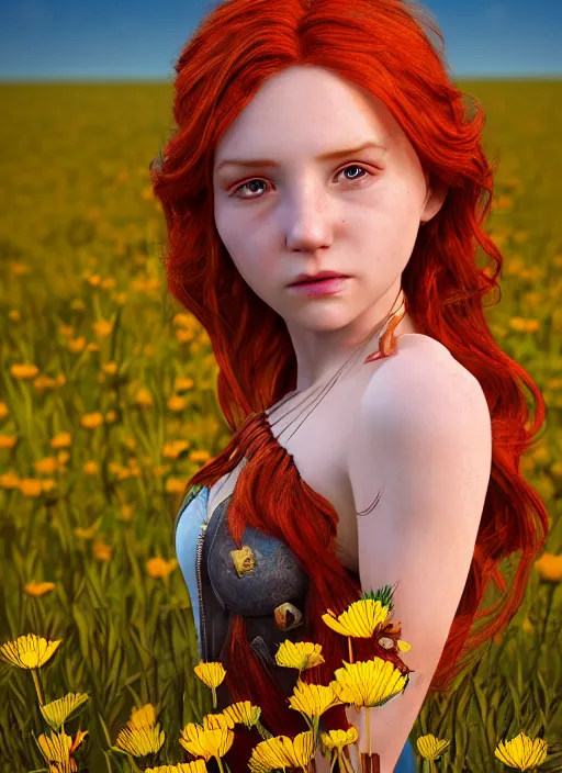 Image similar to An epic fantasy comic book style portrait painting of a young red headed girl with a tiny bright golden bee engraved on her exposed shoulder in a field of flowers , unreal 5, DAZ, hyperrealistic, octane render, cosplay, RPG portrait, dynamic lighting