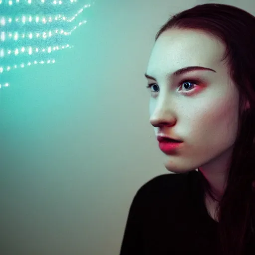 Image similar to photo of young woman, close up, with a cyberpunk camera over right eye with led lights, robotic implants over face with small led lights, white background, fine art photography in the style of Bill Henson