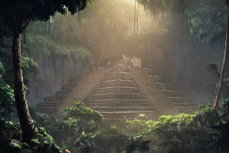 Image similar to brutalist mayan temple in the jungle, beautiful dynamic lighting, cinematic, wide angle establishing shot, extremely high detail, photo realistic, cinematic lighting, post processed, concept art, artstation, matte painting, style by eddie mendoza, raphael lacoste, alex ross
