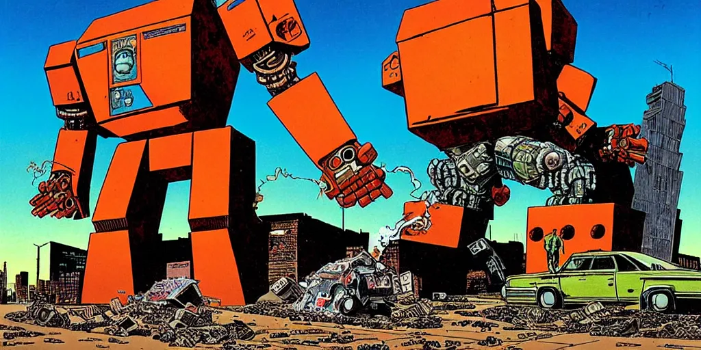 Prompt: Giant robot walking down a street while smoking giant blunt, a crushed car is under the foot of the giant robot by Richard Corben