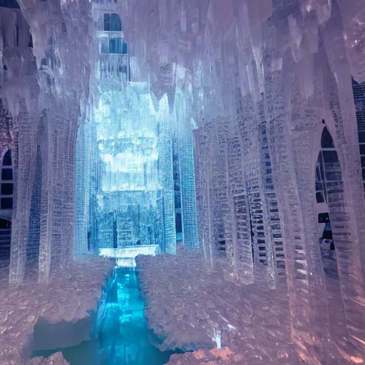 Image similar to a cityscape made entirely of ice, crystal clear ice city sculpture, first person pov, realistic fantasy photography, mystical