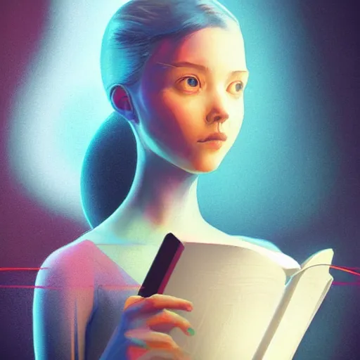 Image similar to colourful vfx upper half - portrait - a girl reading a book, art by katsuhiro otomo & james jean, digital render, digital illustration, concept art, caricature, volumetric light, ray tracing, symmetrical, unreal engine, octane 3 d render, sharp, detailed, intricate detail, pinterest, behance, art station