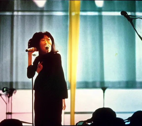 Prompt: photo of singer singing in an japan 1 9 8 0 pop big concert, photo by louise dahl - wolfe, color photo, colored