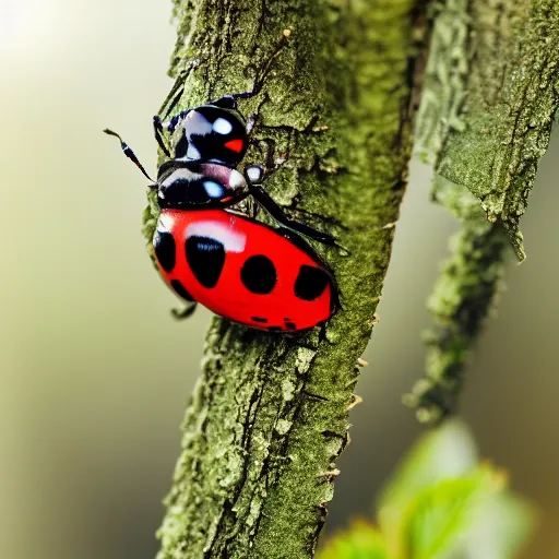 Prompt: A realistic photo of a lady bug on a tree up close