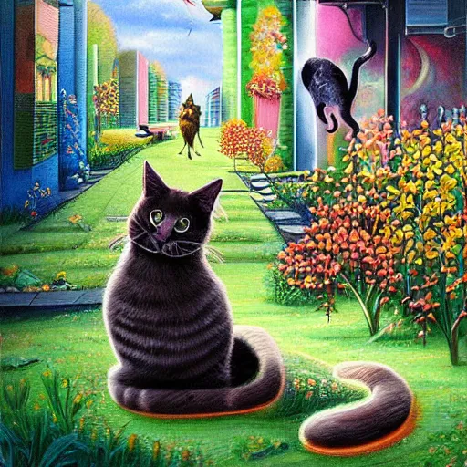 Image similar to cat in a beautiful city of the future in harmony with nature. Beautiful detailed painting by Lurid. (2022)