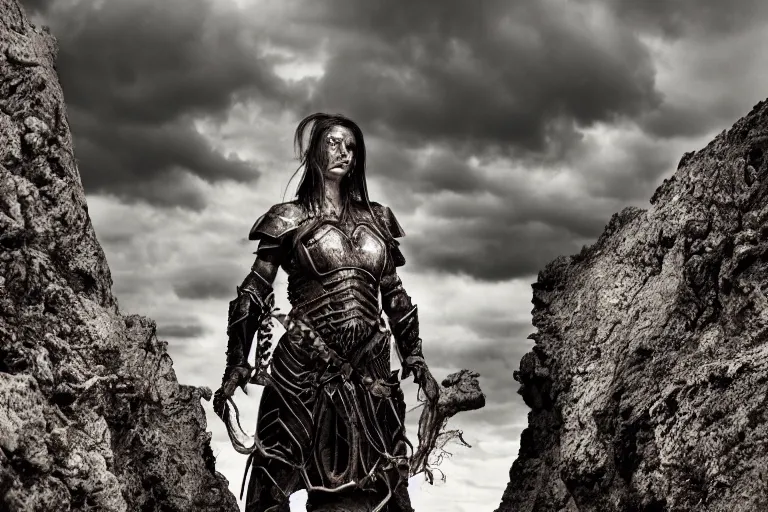 Image similar to portrait of beautiful armored orc woman, rocky terrain by Emmanuel Lubezki