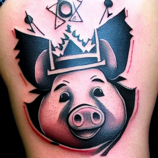 Prompt: traditional american tattoo of pig wearing a gold crown