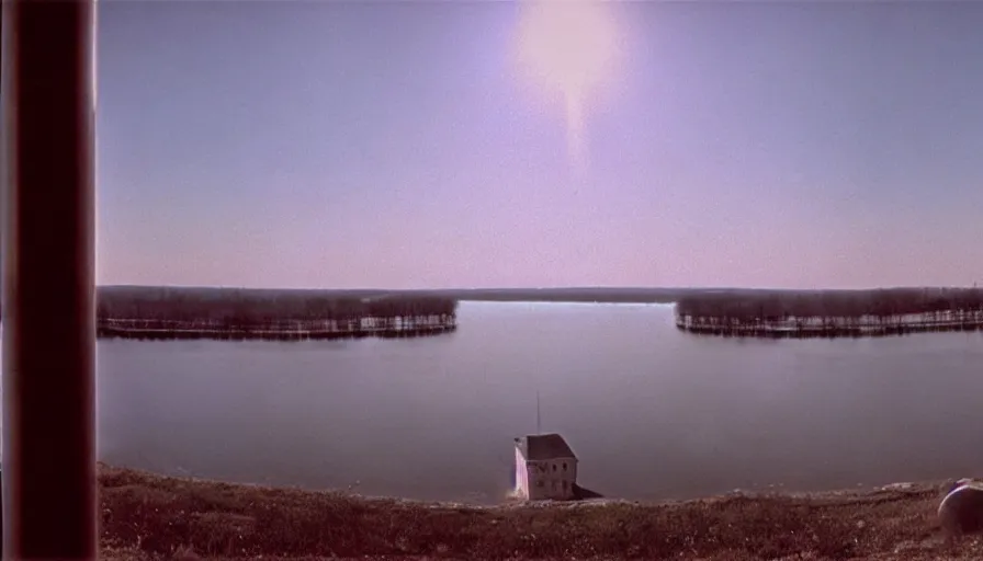Image similar to 1 9 7 0 s movie still by andrei tarkovsky of a noneuclidian building with a lake in the middle, by piranesi, panoramic, ultra wide lens, cinematic light, flare, anamorphic