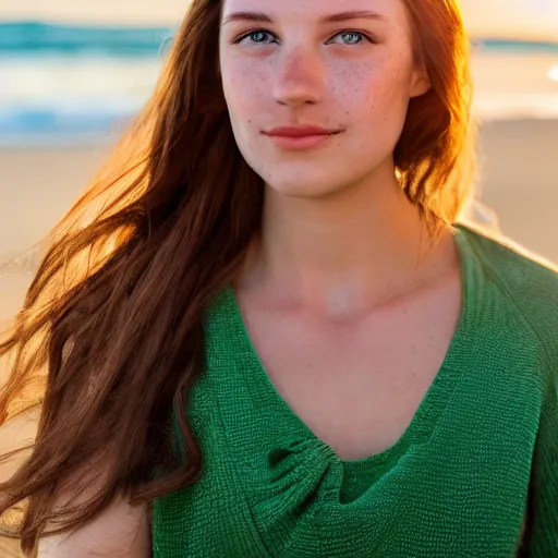 Image similar to Cute young woman, long shiny bronze brown hair, green eyes, cute freckles, soft smile, golden hour, beach setting medium shot, mid-shot